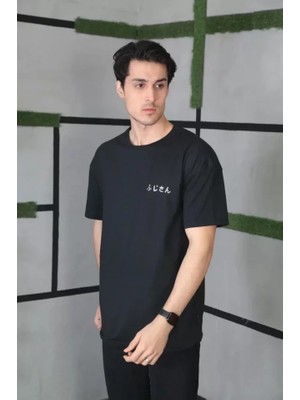 Moda Loris Unisex Bisiklet Yaka Baskılı Oversize T-Shirt - Siyah
