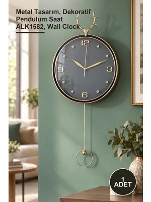 Yenilig 1 Adet Geyikli Sarkaçlı Duvar Saati – Metal Tasarım, Dekoratif Pendulum Saat ALK1582, Wall Clock
