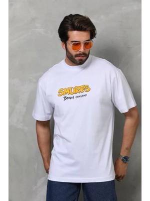 De'charme Unisex Bisiklet Yaka Baskılı Oversize T-Shirt - Beyaz