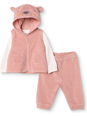 Hellobaby Kız Bebek Sweatshirt-Yelek-Alt Ayı Baskılı Çıtçıtlı Kapüşonlu Uzun Kol Patiksiz