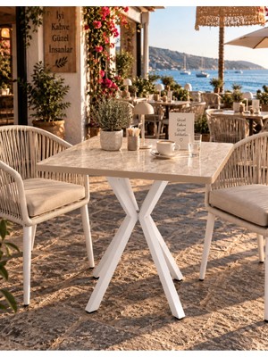 Sofex Mutfak Cafe Balkon Bahçe Restoran Yemek Masası 70X70 Metal Ayak ( Beyaz Traverten )