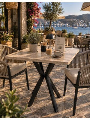 Sofex Mutfak Cafe Balkon Bahçe Restoran Yemek Masası 70X70 ( Siyah Traverten Kare )