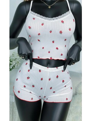 Nightlight Kadın Beyaz Çilek Desenli Dantelli Pijama Takımı - Dantel Detaylı Ribanalı Şortlu Takım - 3798