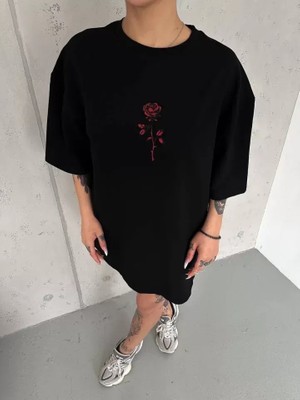 Stelol Unisex Bisiklet Yaka Baskılı Oversize T-Shirt - Siyah