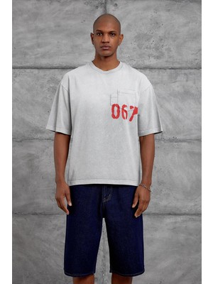 Erkek Tişört 067 YIKAMALI Gri Oversize Baskılı