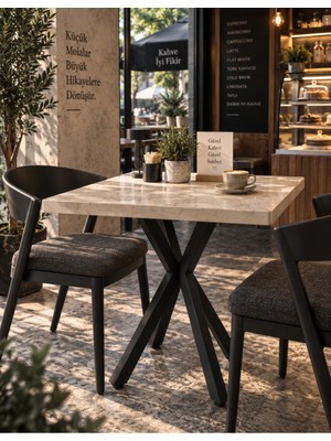 Sofex Mutfak Cafe Balkon Bahçe Restoran Yemek Masası 70X70 Metal Ayak ( Kalınlaştırmalı Traverten )