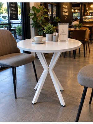 Sofex Mutfak Cafe Balkon Bahçe Restoran Yemek Masası 70X70 Metal Ayak ( Beyaz Yuvarlak )
