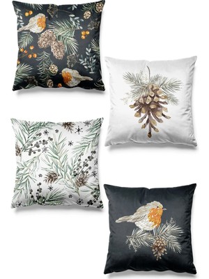Empressco Kozalak Desenli Süet 4'lü Kırlent Kılıfı, Yılbaşı ve Noel Temalı, Gri Renk