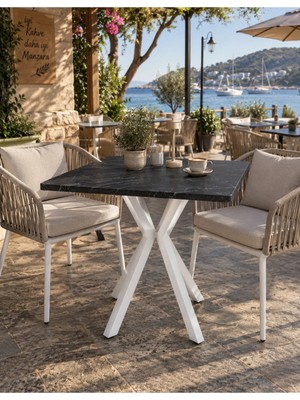 Sofex Mutfak Cafe Balkon Bahçe Restoran Yemek Masası 70X70 Metal Ayak ( Beyaz Carrara )