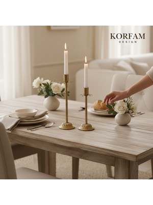 KorFam Dekoratif Pirinç Eskitme Gold 2'li Şamdan Mumluk Seti