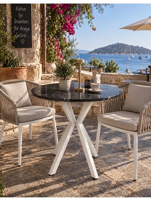 Sofex Mutfak Cafe Balkon Bahçe Restoran Yemek Masası 70X70 Metal Ayak ( Beyaz Carrara Yuvarlak )