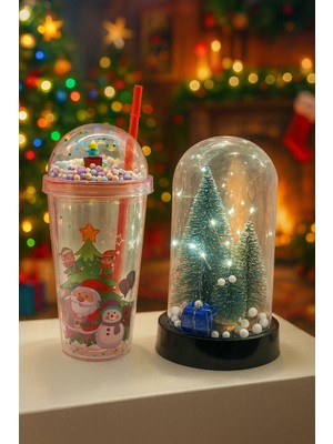 Empressco Işıklı Ağaç Fanus ve Noel Baba Pipetli Bardak Hediye Seti