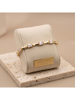 Xuping Jewelry Vıp Seri 316L Çelik 14K Gold Renk Baget Taşlı Bileklik 19,5 cm