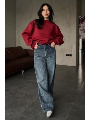 Vionna Madmext Kadın Bordo Basic Bisiklet Yaka Oversize Sweatshirt, M Beden