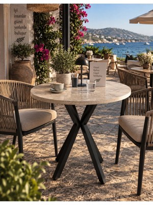 Sofex Mutfak Cafe Balkon Bahçe Restoran Yemek Masası 70X70 ( Siyah Traverten Yuvarlak )
