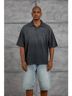 Erkek Tişört POLO YAKA YIKAMALI Füme Oversize Pamuk