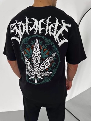 De'charme Unisex Bisiklet Yaka Baskılı Oversize T-Shirt - Siyah