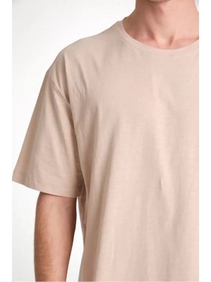 De'charme Unisex Düz Biskilet Yaka Oversize T-Shirt - Bej