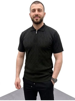 De'charme Erkek Yazlık Triko Saç Örgü Tişört Kısa Kol Polo Yaka Fermuarlı T-Shirt - Siyah
