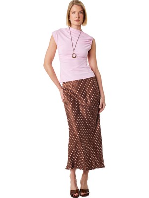Vionna Slim Fit Puantiye Desenli Midi Saten Etek