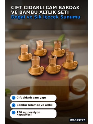 Cift Cidarli 150 ml 6 Adet Cam Cay Bardagi ve 6 Adet Bambu Altlik Seti BX-313777