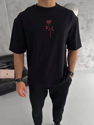 De'charme Unisex Bisiklet Yaka Baskılı Oversize T-Shirt - Siyah