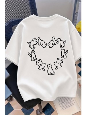 Oksit Kedi Kalp Desenli Oversize/rahat Kesim Kısa Kollu T-Shirt