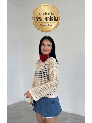 Beltavora Kadın Ekru Ajurlu Geniş Kollu Triko Kazak