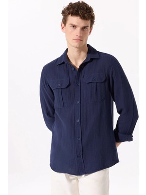Fabrika Regular Fit Gömlek Yaka Düz Lacivert Erkek Gömlek F5SM-GML 2739