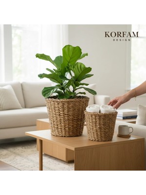 KorFam El Yapımı Dekoratif Bohem 2'li Hasır Sepet & Saksı Seti