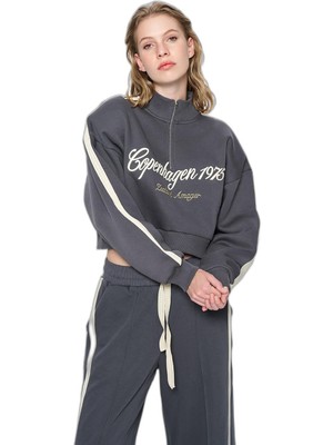 Vionna Şerit Detaylı Fermuarlı Crop Sweatshirt Antrasit