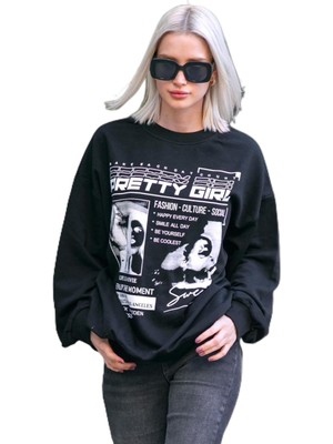 Vionna Madmext Siyah Baskılı Oversize Kadın Sweatshirt MG1923,SIYAH M