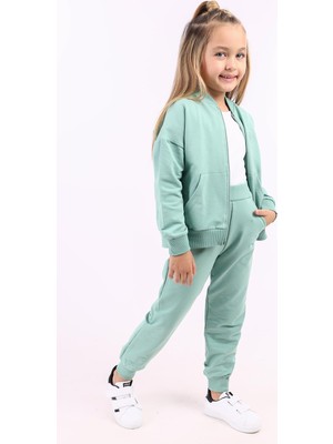 Vionna Toontoy Kız Çocuk Fermuar Detaylı Kanguru Cepli Eşofman Takım Yeşil 8 Yaş