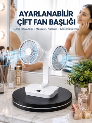 Belle Fusion Mey Ithalat® Ayarlanabilir Hızlı Çift Başlıklı Masaüstü Fan – Gece Lambalı Serinletici