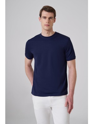 Vionna Morven Erkek Lacivert Trend Düz Penye Bisiklet Yaka Tshirt