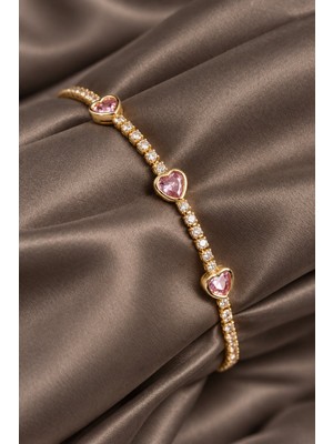 Serelya Pirinç Zirkon Taşlı Pembe Kalp Model Gold Renk Kadın Bileklik