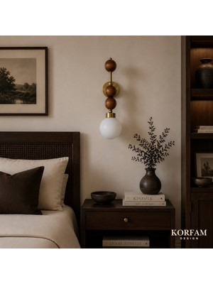 KorFam Elektrik Tesisatlı Ahşap Top Detaylı Opal Cam Küre Başlıklı Dekoratif Duvar Aplik