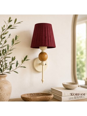 KorFam Kablosuz Pilli Aplik Bordo Keten Şerit Kumaş Başlık Ahşap Top Detaylı Aplik