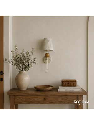 KorFam Kablosuz Pilli Aplik Beyaz Rafya Başlık Ahşap Top Detaylı Aplik