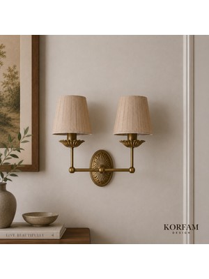 KorFam Elektrik Tesisatlı Bej Keten Kumaş Çift Başlıklı Aplik