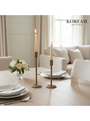 KorFam Dekoratif Pirinç Eskitme Gold 2'li Şamdan Mumluk Seti