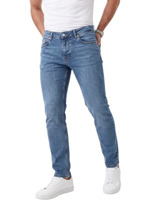 RizzUP Erkek Slim Fit %98 Pamuk Likralı Taşlanmış Mavi Jean – Esnek Dar Paça Kot Pantolon 2608303