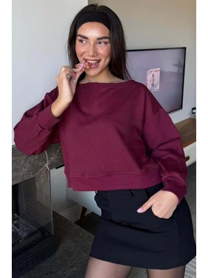 Vionna Madmext Bordo Kayık Yaka, Oversize Kalıp, Uzun Kollu Kadın Sweatshirt, Xl