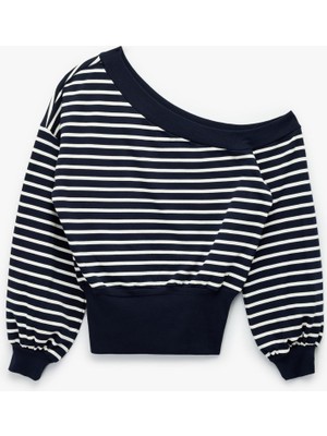 Vionna Çizgili Uzun Kollu Kayık Yaka Rahat Kalıp Omzu Açık Crop Sweatshirt