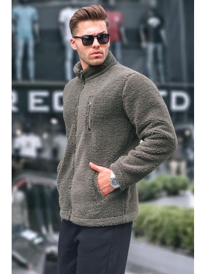 Vionna Madmext Erkek Haki Fermuarlı Peluş Sweatshirt, Dik Yaka, S Beden