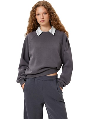 Vionna Koton Basic Oversize Sweatshirt Bisiklet Yaka Uzun Kollu Ribanalı Şardonlu