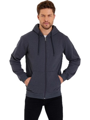 Vionna By Comeor Siyah Kanguru Cepli Kapüşonlu Fermuarlı Içi Pamuklu Erkek Sweatshirt Antrasit L