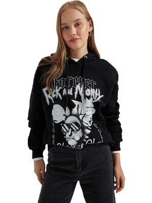 Vionna Defacto Coool Rick And Morty Oversize Fit Kapüşonlu Baskılı Kalın Kumaş Sweatshirt Siyah Xs