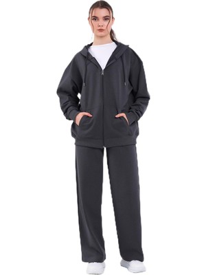 Vionna By Comeor Kadın Normal Kalıp Basic Beli Lastikli Kapüşonlu Oversize Mevsimlik Alt Üst Eşofman Takımı (Antrasit, L)