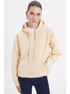 Vionna Tudors Kadın Kapüşonlu Sweatshirt, Oversize Geniş Kesim, Pamuklu Yumuşak Dokulu, Içi Polarlı, Bej, S Beden